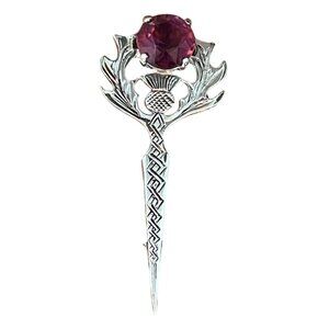 Scottish Kilt Style Silver Tone Thistle Brooch Pin with Purple Stone